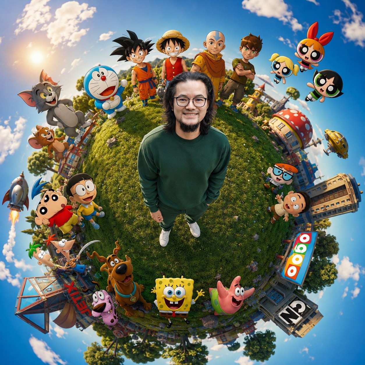 Ảnh tiny planet fisheye với nhân vật đứng giữa, xung quanh là các nhân vật hoạt hình tuổi thơ 2000s