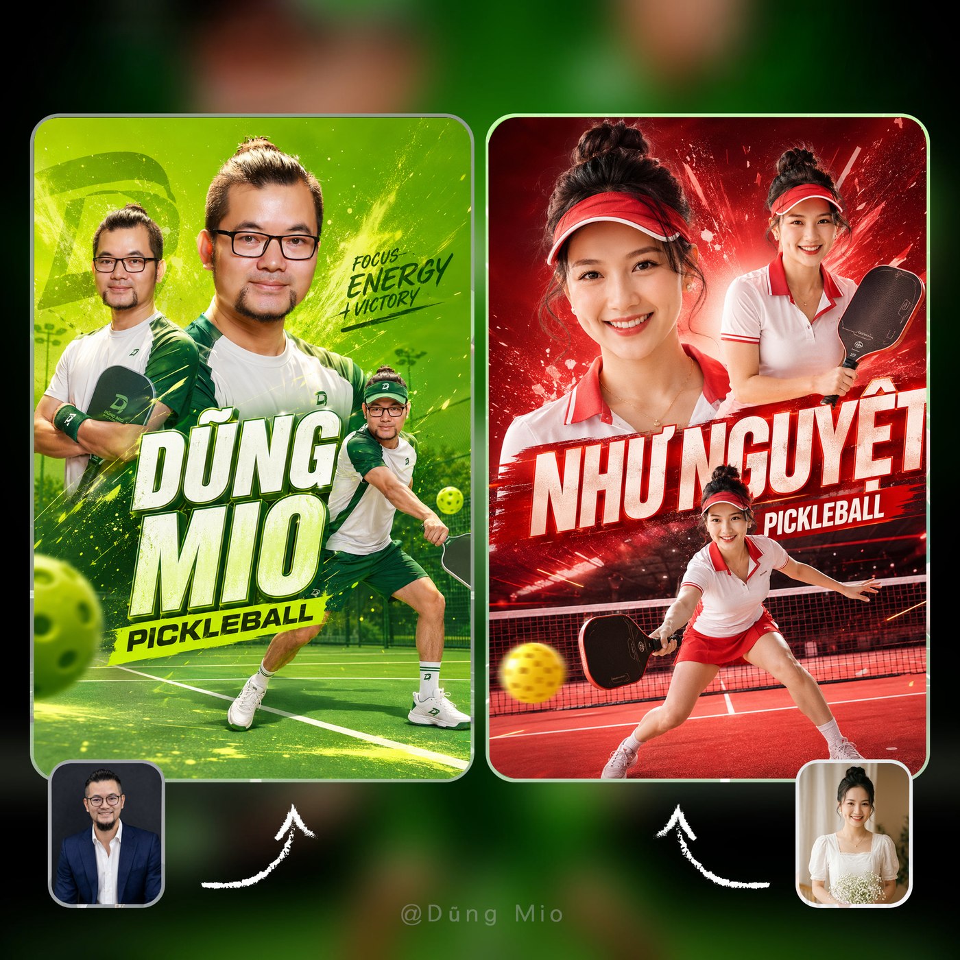 Poster thi đấu Pickleball 3 góc chụp cùng 1 người, nền gradient xanh chanh, hiệu ứng splash năng động