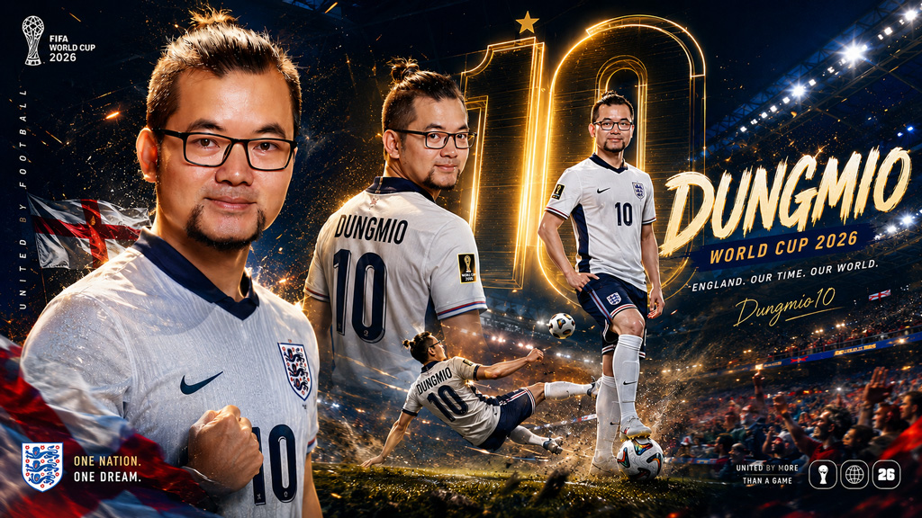 Poster cổ động World Cup 2026 với 3 góc chụp cùng 1 người mặc áo đấu, phong cách điện ảnh, ánh sáng sân vận động
