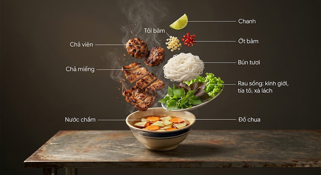 Ảnh infographic món Bún chả Hà Nội với các nguyên liệu lơ lửng, chú thích tên từng thành phần