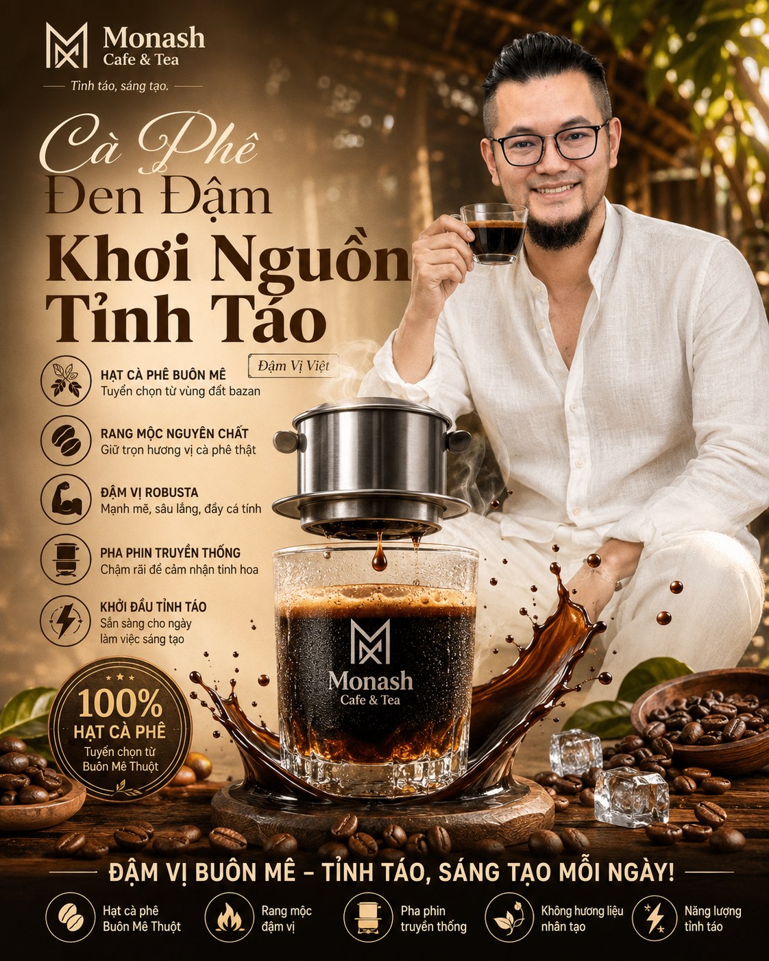 Poster quảng cáo cà phê Monash Cafe & Tea, minh hoạ mẫu poster tạo từ prompt khuôn mẫu đồ uống