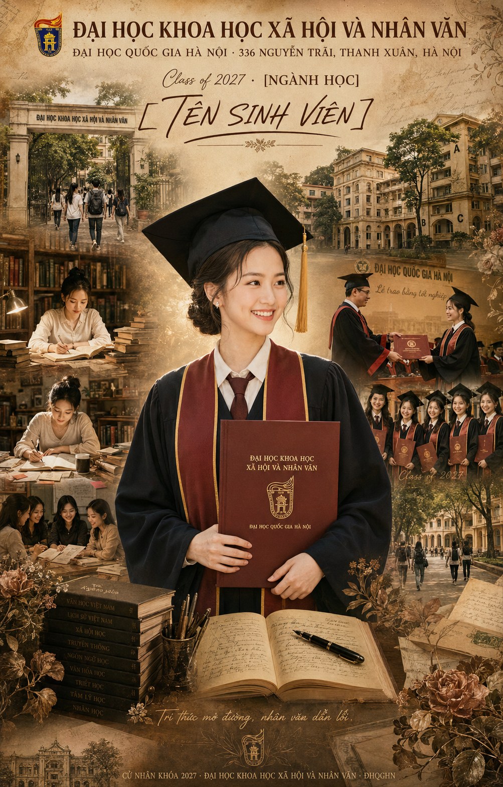 Poster tốt nghiệp phong cách hoài niệm sang trọng, chân dung sinh viên giữa collage khuôn viên trường và kỷ niệm đại học