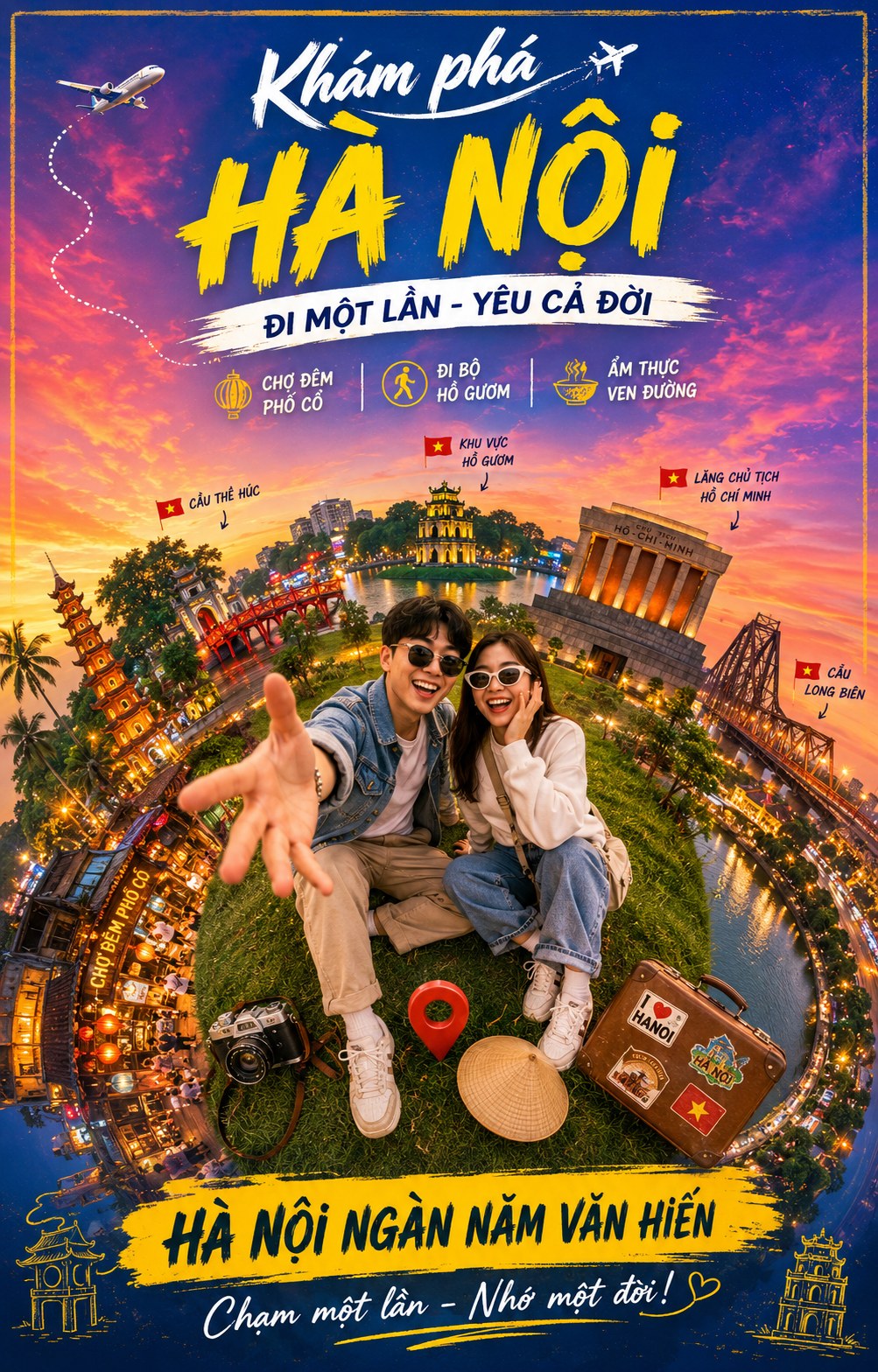 Poster du lịch Hà Nội phong cách tiny planet, hai bạn trẻ ngồi giữa hành tinh tí hon quanh là các địa danh Hà Nội