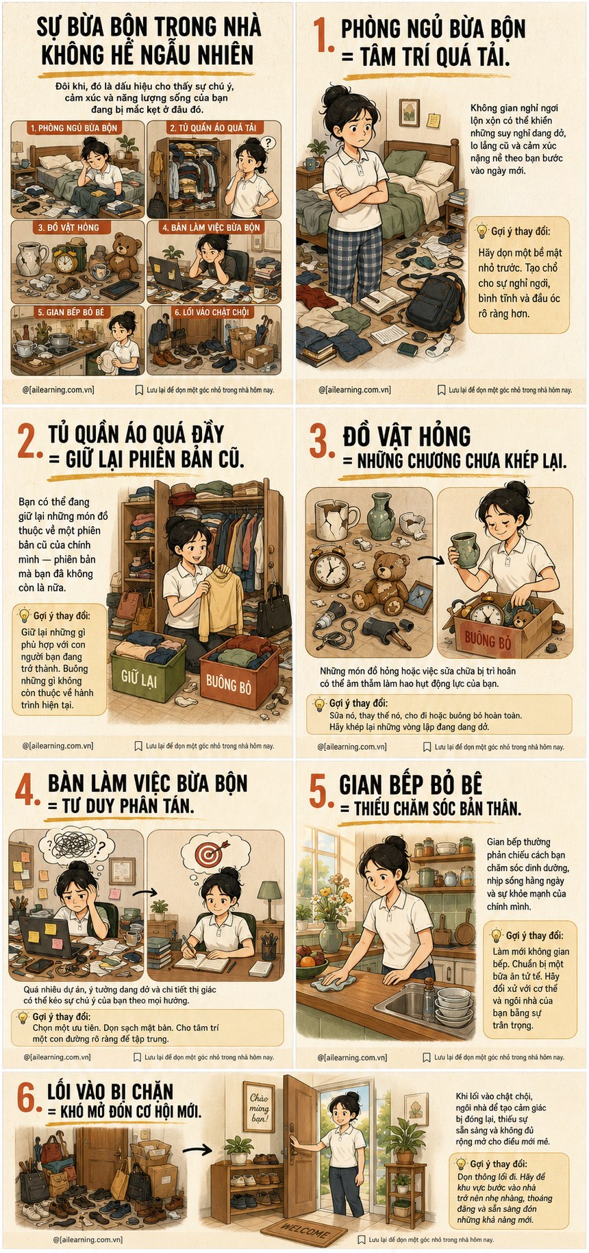 Series infographic 7 slide minh hoạ hoạt hình về mối liên hệ giữa nhà bừa bộn và trạng thái tâm lý