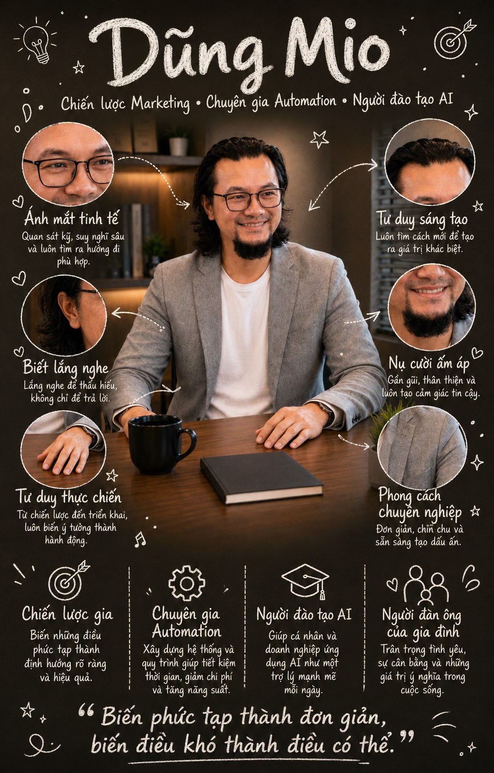Poster giới thiệu bản thân Dũng Mio — chân dung trung tâm kèm 6 khung cận cảnh chú thích đặc điểm, chữ viết tay phong cách phấn bảng