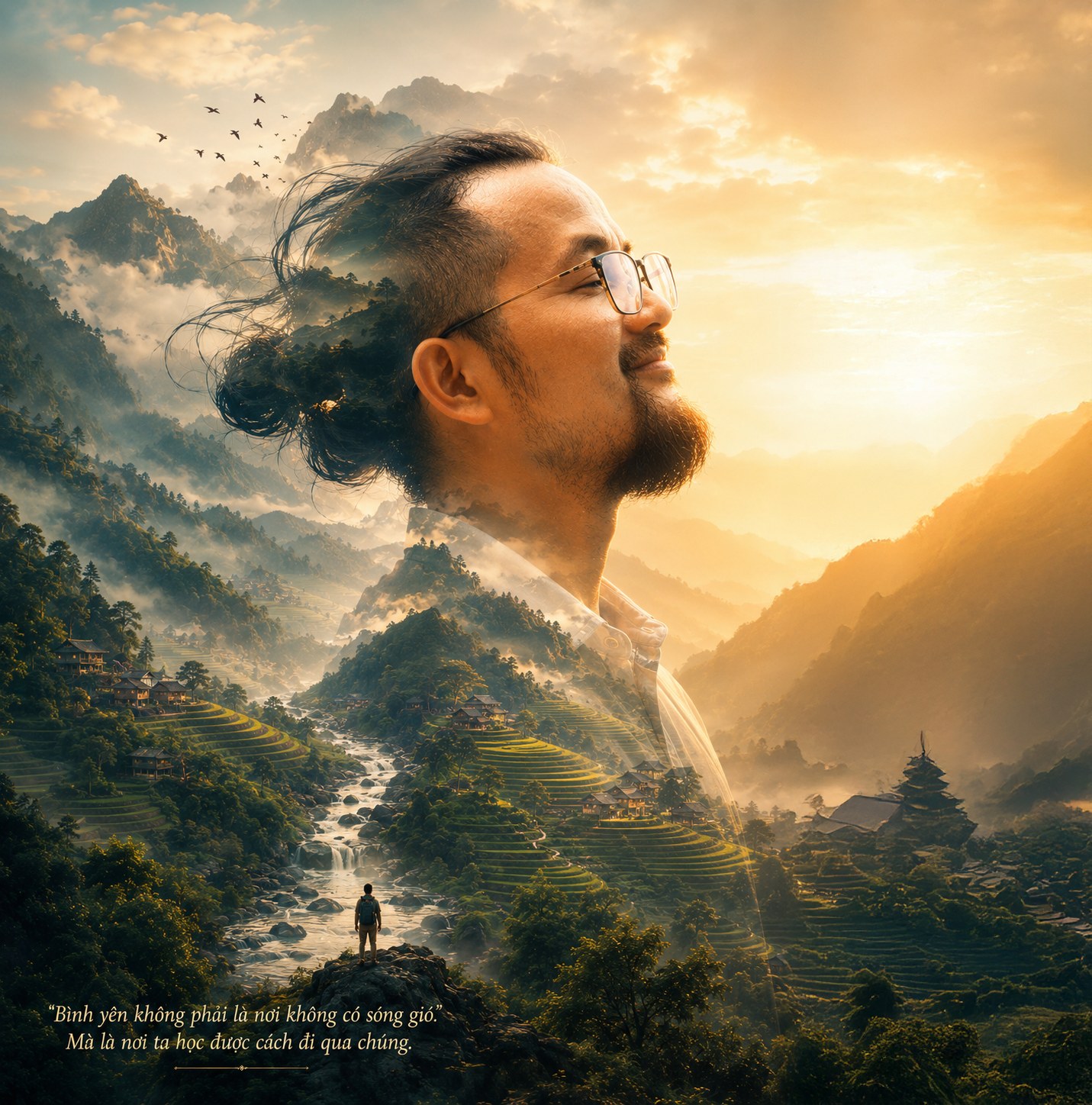 Chân dung double exposure siêu thực — gương mặt nghiêng hoà quyện với núi rừng, sông suối, ánh sáng hoàng hôn cinematic