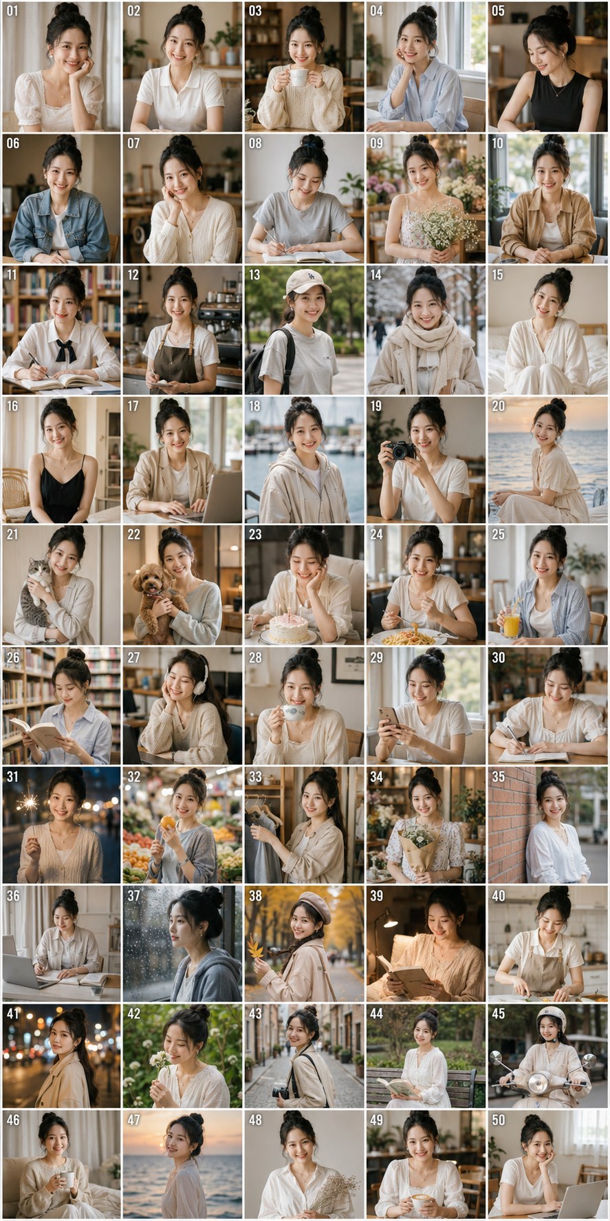 Poster contact-sheet 50 ảnh chân dung cùng 1 cô gái, mỗi khung outfit và bối cảnh khác nhau, đánh số 01 đến 50