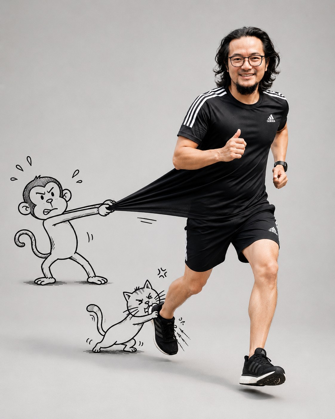 Ảnh hài hước người chạy bộ bị nhân vật doodle đen trắng khỉ kéo áo và mèo cắn giày, nền studio xám