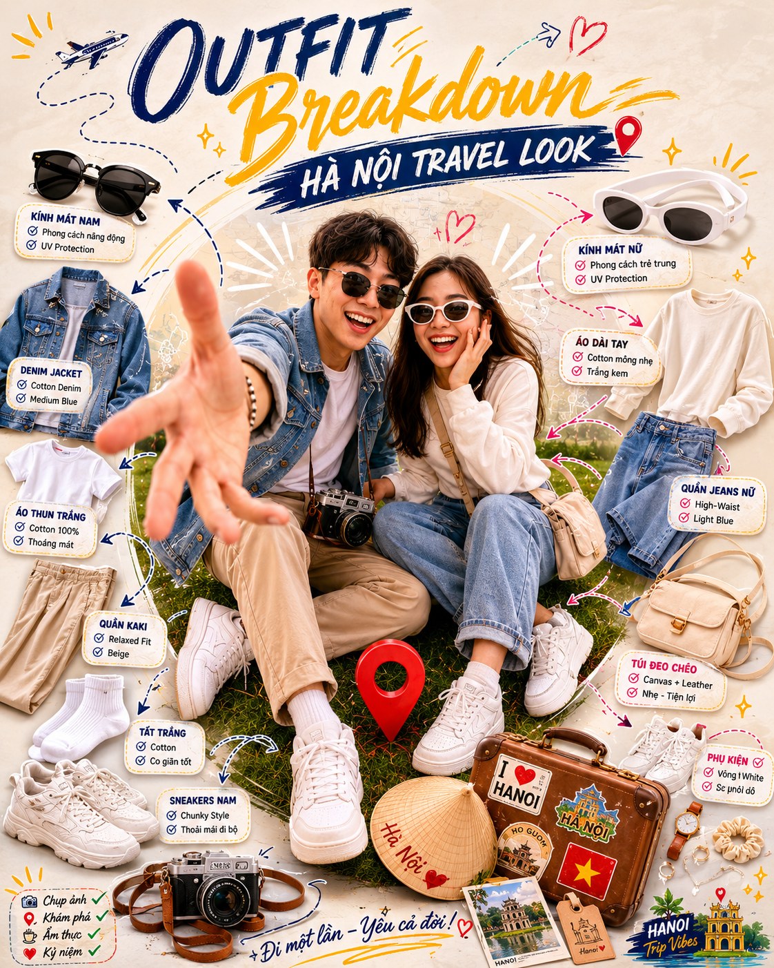 Ảnh infographic outfit breakdown phong cách du lịch Hà Nội — phân tích trang phục, phụ kiện của 2 nhân vật bằng nhãn mô tả và đường chỉ dẫn