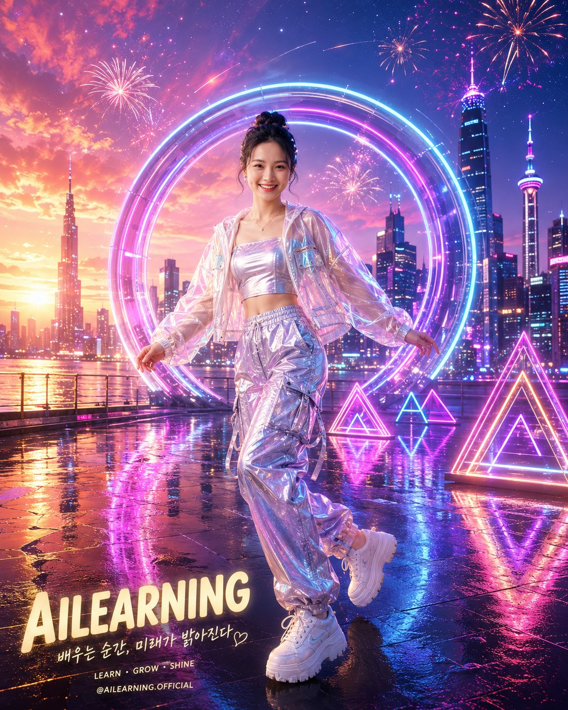 Poster neon futuristic city-pop phong cách K-pop fantasy campaign — cô gái bước đi tự tin giữa thành phố neon rực rỡ, vòng cổng ánh sáng, pháo hoa và thành phố tương lai phía sau